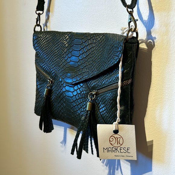 Markese Italy Leather Purse adjustable strap tassel snake scale alligator NWT - Picture 3 of 8